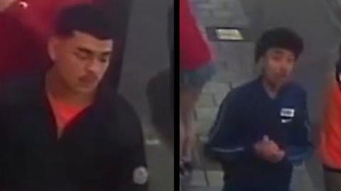 Two CCTV images of men. One has a black coat on over an orange/red t shirt and a small moustache. The other is wearing a dark blue/black jacket with white piping on the sleeves