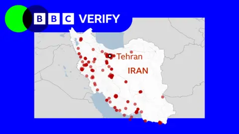 A BBC Verify graphic showing a man of Iran with attacks marked as dots - the darker the dots, the greater the number of attacks