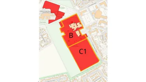 Peterborough City Council Image shows aerial map of Werrington Fields. Area labelled 'B' in red is where the school buildings are. Area labelled 'C1' is a similar size with land left open around them, shaded green. Around the perimeter is roads and buildings. 