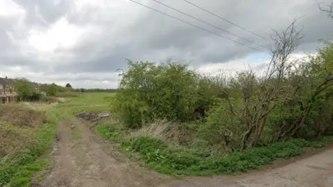 Google view of a field with a hedging in the foreground. There is a row of houses to the side of the image and a mud track leading into the field.