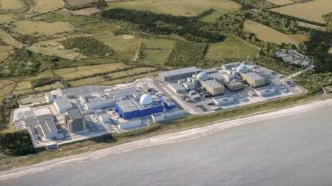 Sizewell C An aerial shot of what Sizewell C will look like once built. It is on the coast with green fields and woodland behind it. 