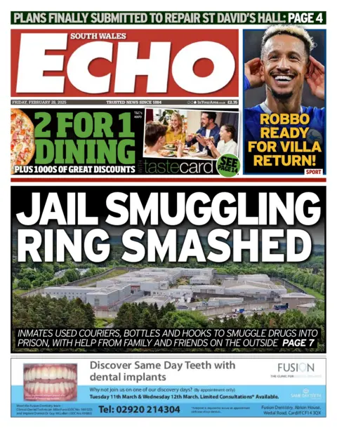 South Wales Echo South Wales Echo front page, with the main story headline saying "Jail smuggling ring smashed". On the top right is a football story headlined "Robbo ready for Villa return!"