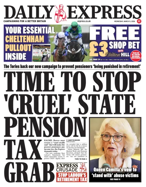 "Time to stop 'cruel' state pension tax grab," reads the headline on the front page of the Daily Express.