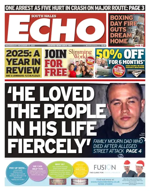 South Wales Echo South Wales Echo front page with the main headline: "He loved the people in his life fiercely", along with a picture of a man pouting at the camera. Above is a headline reading "Boxing Day fire guts dream home", under this is an advert to join Slimming World for free and 50% off papers for six months. There is also another headline reading: 2025: A year in review.