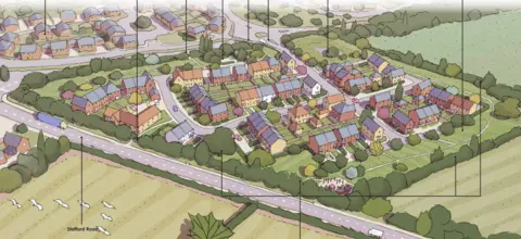 An artist impression of the planned development shows the homes surrounded by green fields with trees and bushes