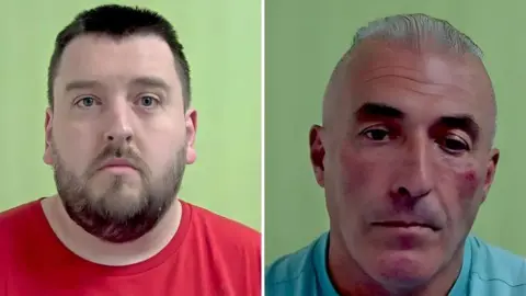 Isle of Man Constabulary Two men, one wearing a red top, and one wearing a blue top, have a mugshot taken infront of a light green backround. 