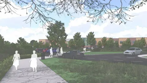 Watson Batty Architects/LCC A CGI image of the school car park with the building in the background