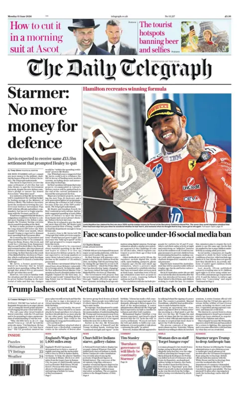 The headline on the front page of the Daily Telegraph reads: “Starmer: No more money for defence”.