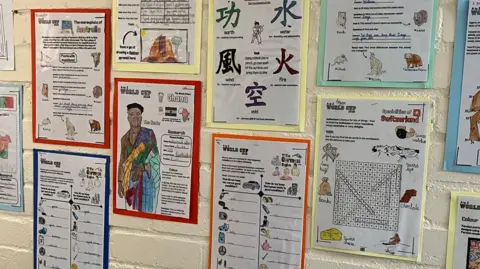 Worksheets regarding the countries taking part in the World Cup can be seen on the wall