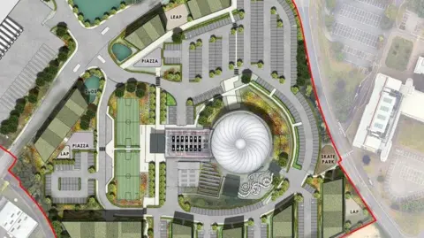 SEVEN CAPITAL Aerial view of the proposed centre showing the iconic dome as well as two outdoor tennis courts and parking facilities 