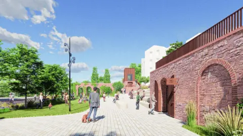 Shropshire Council An artists drawing of a white stone footpath leading through a park, with a red brick building on the right hand side