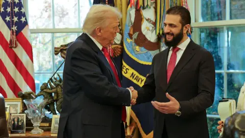 Getty Images Donald Trump, left, wears a navy suit and red tie and is seen shaking hands with Syria's President Ahmad al-Sharaa.