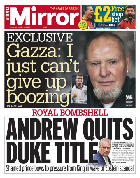 The headline on the front page of the Daily Mirror reads: "Gazza: I just can't give up boozing".