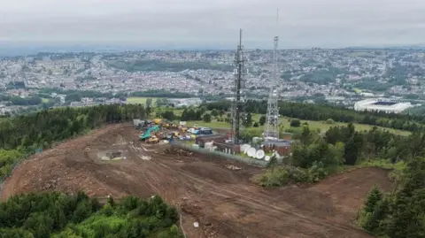 Aerial view of ground work underway on Kilvey Hill in Swansea. 