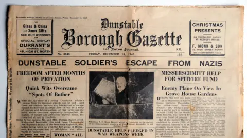 David Wilkins A Dunstable Borough Gazette from December 13, 1940. There are several stories about the war on the front page. At the top a headline reads "Dunstable Soldier's Escape from Nazis"