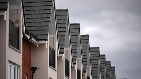 The tops of new build houses standing in a  row