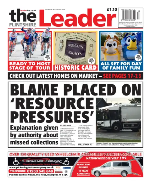 Flintshire Leader Flintshire Leader front page with the main headline blame place on 'resource pressures'. The sub headline says explanation given by authority about missed collections.