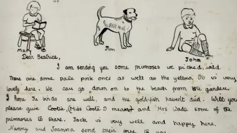 Hansons Auctioneers A handwritten letter with drawings on people, a dog, and horses on it.
