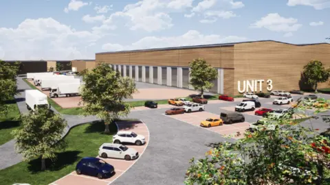Tiarkes Property Developments Limited CGI plans for the expansion of Brockeridge Farm business centre. It includes a large brown building with the large white letters "UNIT 3" on the side, as well as a car park, some trees and separate parking for lorries.
