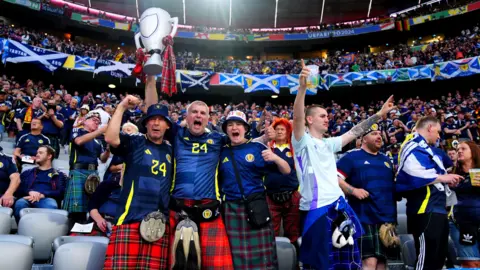 Scotland fans wearing kilts and Scotland shirts at the Euros in 2024. There are Scotland flags in the background and fans cheering.