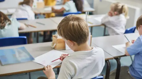 Primary school children sit in rows at desks in a classroom. They are mainly wearing short-sleeved shirts.