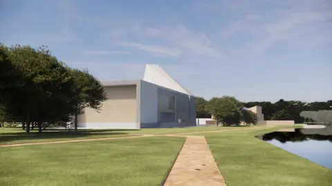 An illustrative image of a white-roofed building next to a lake.