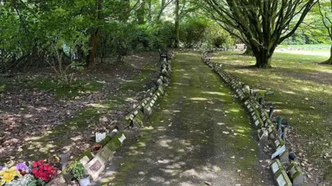 Bolton Council A row of memorial plaques in the Overdale Crematorium memorial garden. Some have flowers laid beside them.
