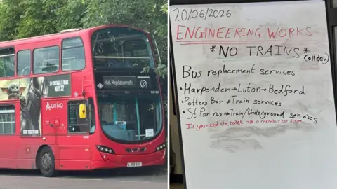 Katy Lewis/BBC A red bus with rail replacement written on it and a white board with 'engineering works/ no trains' written on it.