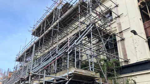 A large amount of scaffolding on the side of a grey building, which is barely visible beneath the metalwork