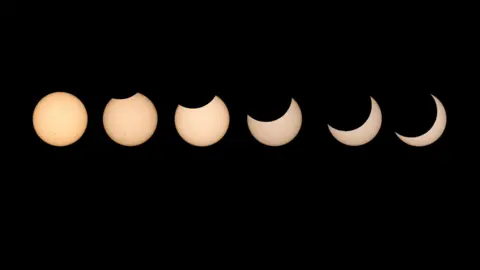 Progression of the partial solar eclipse - the image shows 6 pictures of the sun being covered more and more by the moon.