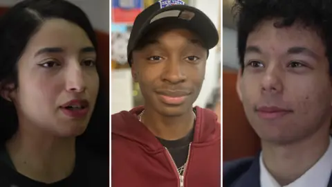 A composite of three photos of young people. All three are looking into the camera. One is a young woman with long black hair, another is a young man in a hoodie and cap and the third is a young man in a blue suit and blue patterned tie. 