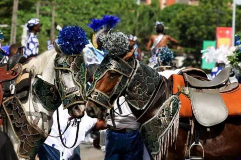 Reuters Two horses, adorned in sparkly gear, stand among the crowd