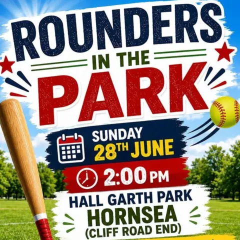 Phil Johnson A bright poster advertising a free rounders match in the park. It features an image of a rounders bat and ball, logos for a calendar and a clock, and the words: "Rounders in the park, Sunday 28th June, 2:00pm, Hall Garth Park, Hornsea (Cliff Road End)." 