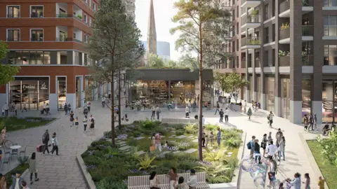 An artists impression of a modern city centre square with apartment block and people walking around