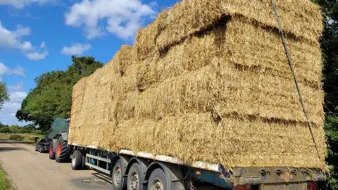 Lincolnshire Police: A large tractor with trailer at the side of the road carrying many bales of hay. 