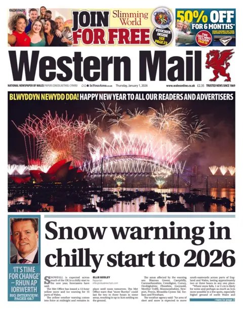 Western Mail Front page of the Western Mail. Main headline reads: "Snow warning in chilly start to 2026" alongside a large photograph of fireworks. Other headlines read: 'It's time for change- Rhun Ap Iorwereth', alongside a photograph of Rhun Ap Iorwerth. 