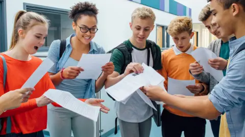 Getty Images Six students opening their results, a girl in a red top looks shocked, others are smiling in colorful casual clothes