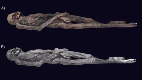 M vavulin two three -dimensional images of the ice mummy. It shows a skeleton with a crossed hand and extended the feet.