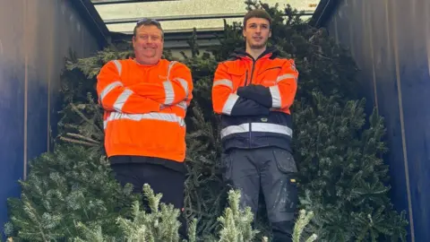 Two men in orange high-vis tops stand with their arms folded and smiling in the back of a lorry filled with real Christmas trees.