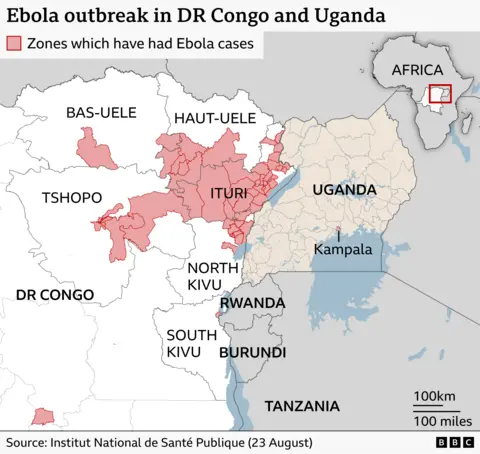 Map showing Ebola outbreak areas in northeastern Democratic Republic of Congo near the Uganda border. Districts that have reported Ebola cases are highlighted in red, concentrated mainly in Ituri province and surrounding border regions. Uganda, Rwanda, Burundi, and Tanzania are labelled, with Kampala marked in Uganda. An inset map locates the outbreak area within Africa. Source: Institut National de Santé Publique (23 August).