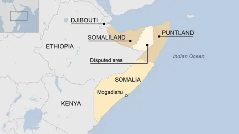 A map showing the geography of Somalia, Puntland and Somaliland