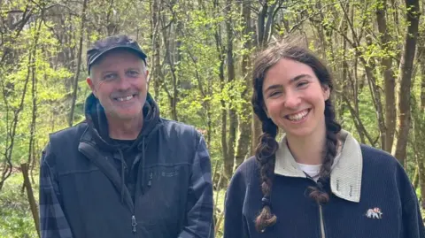 Eben Lenton Two people stand side by side in a leafy woodland during spring, with young green leaves on trees. Both are wearing outdoor clothing and there are tall tree trunks and woodland vegetation in the background.
