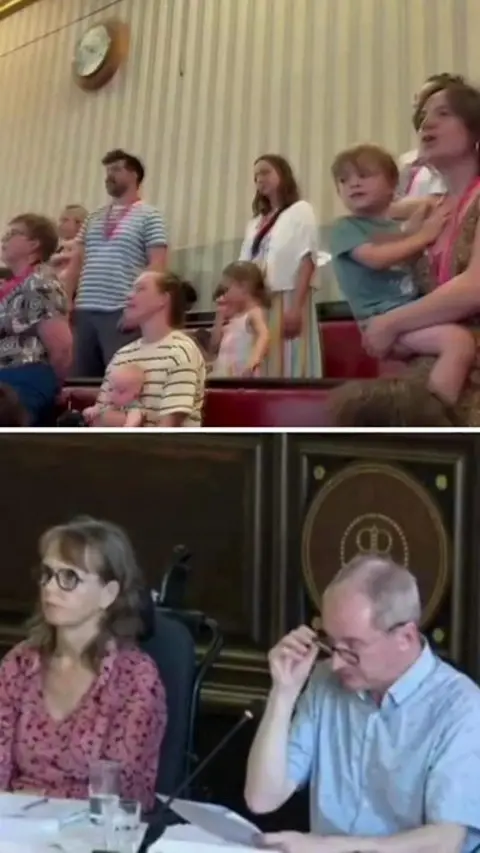 Split image showing parents and kids singing in council benches and two councillors watching.