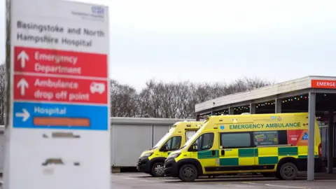 Ambulances parked outside Basingstoke and North Hampshire Hospital