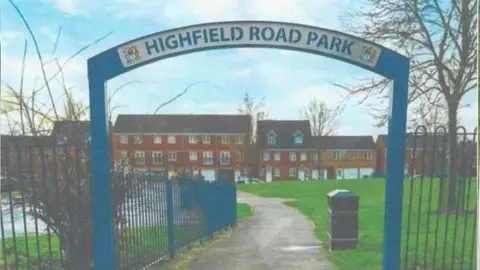 Pete Witherow Blue signage which is to be installed at the site of the former Highfield Road stadium. It is blue overhead metal entrance, withe the name of the stadium on