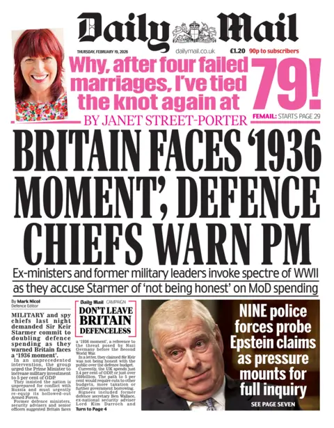 The front page of the Daily Mail reads: "Britain Faces '1936 Moment', Defence Chief Warns PM."