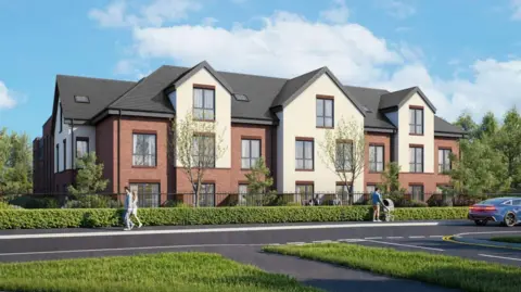 An artist impression of the three-storey care home with neat hedges and a road junction in front