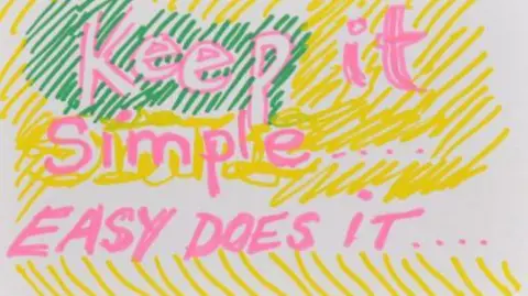 Gildings Auctioneers A message by Ronnie Wood says 'Keep it Simple, Easy Does it" in pink writing. It is surrounded by yellow and green pen markings. 