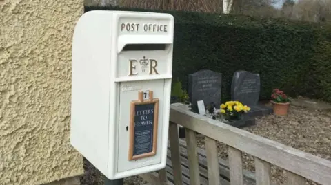 Small white pillar box of old Royal Mail design painted white and located at West Wiltshire Crematorium nr TrowbridThe Window on the front that usually shows the last collection times reads "Letters to Heaven" - the name of the scheme