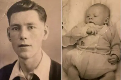 Family photographs An old photo of Brian Teasdale with a 1950s-style quiff in his hair in a sepia toned image alongside another black and white image of Karen Teasdale-Robson as a newborn baby wearing 60s style bloomers and an embroidered cardigan.